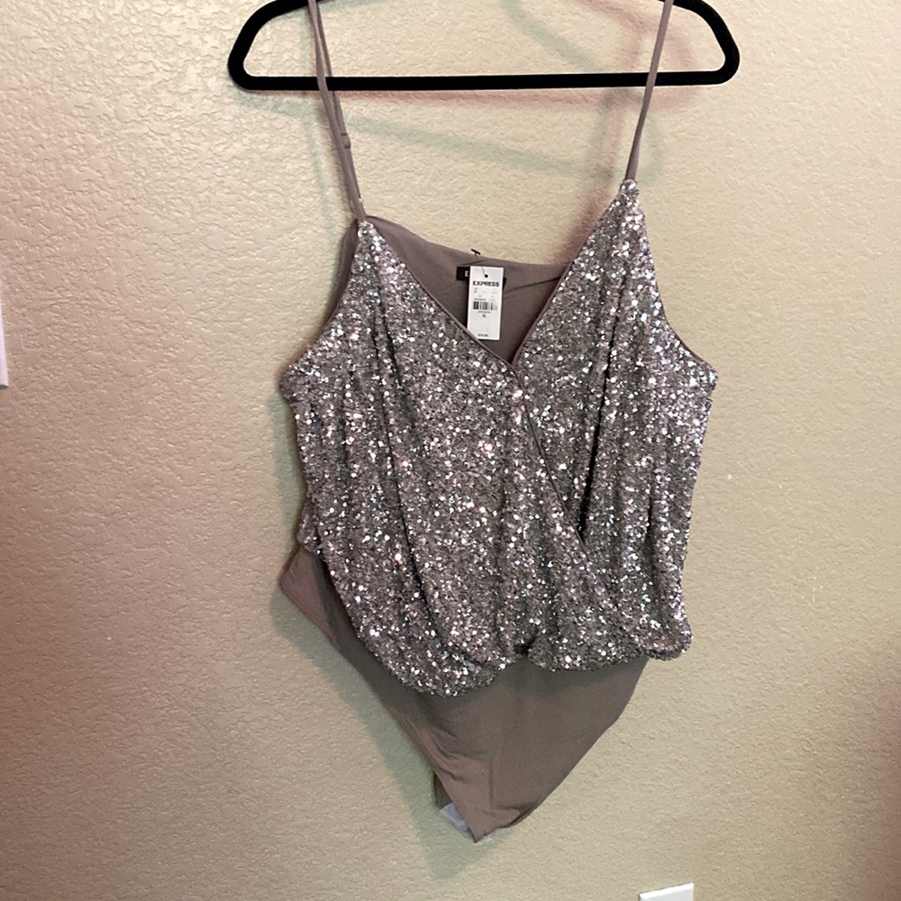 Express Sequin Faux Wrap Cami Thong Bodysuit